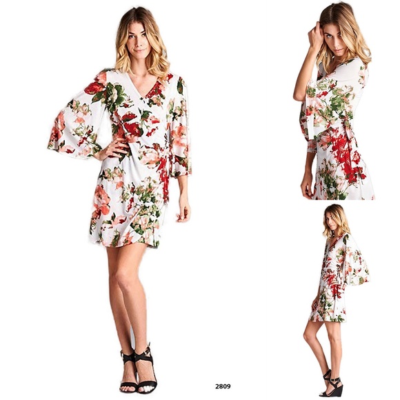 Emerald Dresses & Skirts - Emeralds Floral V-Neck Bell Sleeve Wrap Mini Dress